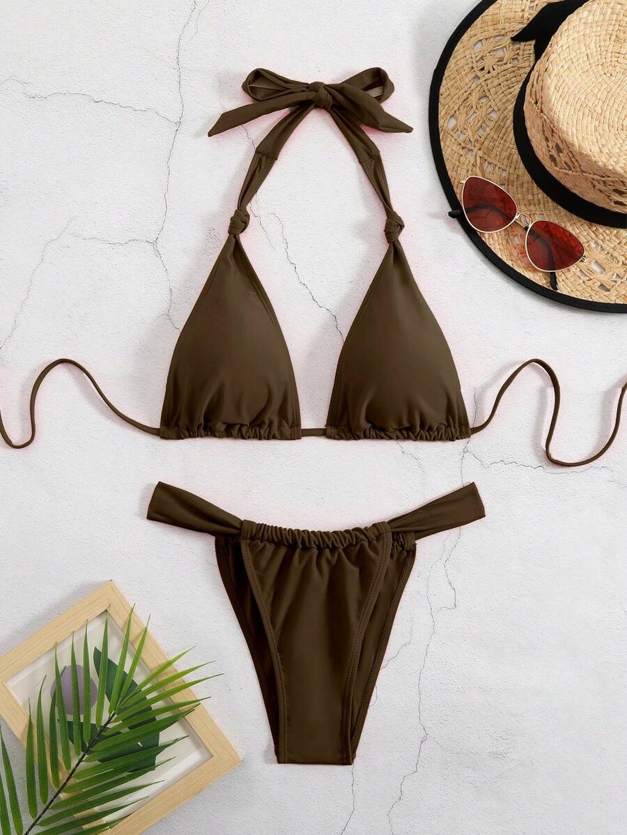 SHEIN Swim Women's Solid Color Halter Tie Sexy Bikini Set - Coffee Brown - View 1