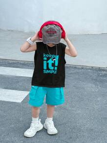 SHEIN Little Byeori 2件套男童休闲韩版舒适时尚实用百搭撞色印花背心和工装短裤套装，适合搭配蜘蛛图案连帽衫、拉链连帽衫、儿童连帽衫、儿童套装、幼儿男童服装、上学、返校、男童套装、男童服装、日常穿着、学校、旅行、运动、春夏装。 - 藍色 - 查看 6