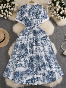 SHEIN Clasi Women's A-Line Print Waist Cinching Elegant Vacation Casual Short Sleeve Dress