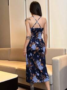 SHEIN Unity Women's Elegant Floral All-Over Print Fitted Halter Neck Dress (Random Cut)