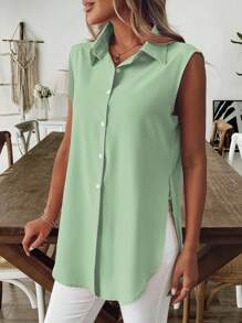 SHEIN LUNE 女士休闲度假不对称下摆无袖开衩纯色衬衫