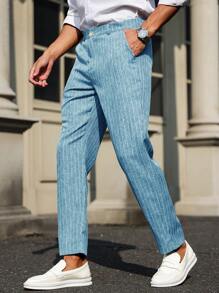 Manfinity Bizformal 男士休闲直筒宽松西装裤，带口袋，条纹图案 - 藍色 - 查看 4