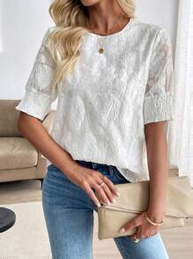 SHEIN LUNE 女士休闲度假短袖衬衫，圆领，插肩袖，纹理面料，春/夏 - 白色 - 查看 5