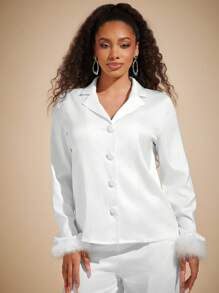 Vixey Faux Feather Trim Long Sleeve Button Up Satin Top, Bridal, Bachelorette - White - View 3