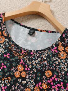 SHEIN LUNE Plus Size Bohemian Style Ditsy Floral Round Neck Blouse Summer For Women Casual - Multicolor - View 3