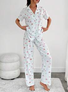 RueChic Women 2 Pcs Button Front With Cute Pattern Detail Homewear PJ Set - Apricot - View 4
