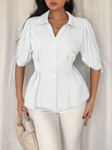 Franclia 女士时尚短袖衬衫，修腰，泡泡袖，遮肚衬衫 - 白色 - 查看 5