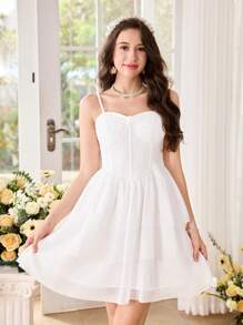 Pitira Pitira Vestido de princesa de fiesta con tirantes de tul multicapa elegante y adorable para adolescentes, apropiado para bodas y fiestas - Blanco - Ver 1