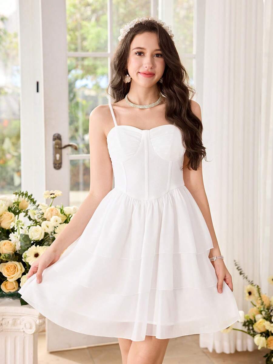 Pitira Pitira Vestido de princesa de fiesta con tirantes de tul multicapa elegante y adorable para adolescentes, apropiado para bodas y fiestas - Blanco - Ver 1