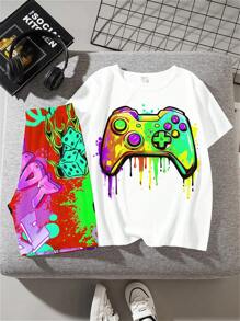 2pcs/Set Tween Boys Casual Simple Round Neck Short Sleeve Top And Shorts Set, Suitable For Summer