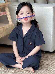 DAZY Young Girl Plaid Short Sleeve Pants Pajamas Set, Spring/Summer - Navy Blue - View 5