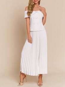 Amorya Set de 2 piezas con top hombros descubiertos de doble botonadura y falda plisada tipo línea A para mujer, romántico blanco boda