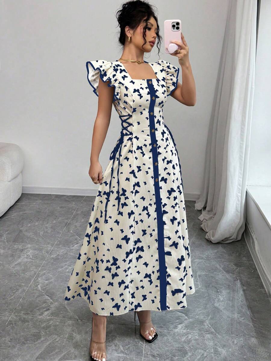 Modelyn Women's Woven Two-Tone Print Patchwork Cinched Waist A-Line Dress - Blue - View 1