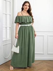 SHEIN Clasi Macacão plus size cor sólida ombro de fora babado acabamento cintura marcada perna larga - Verde - Ver 7