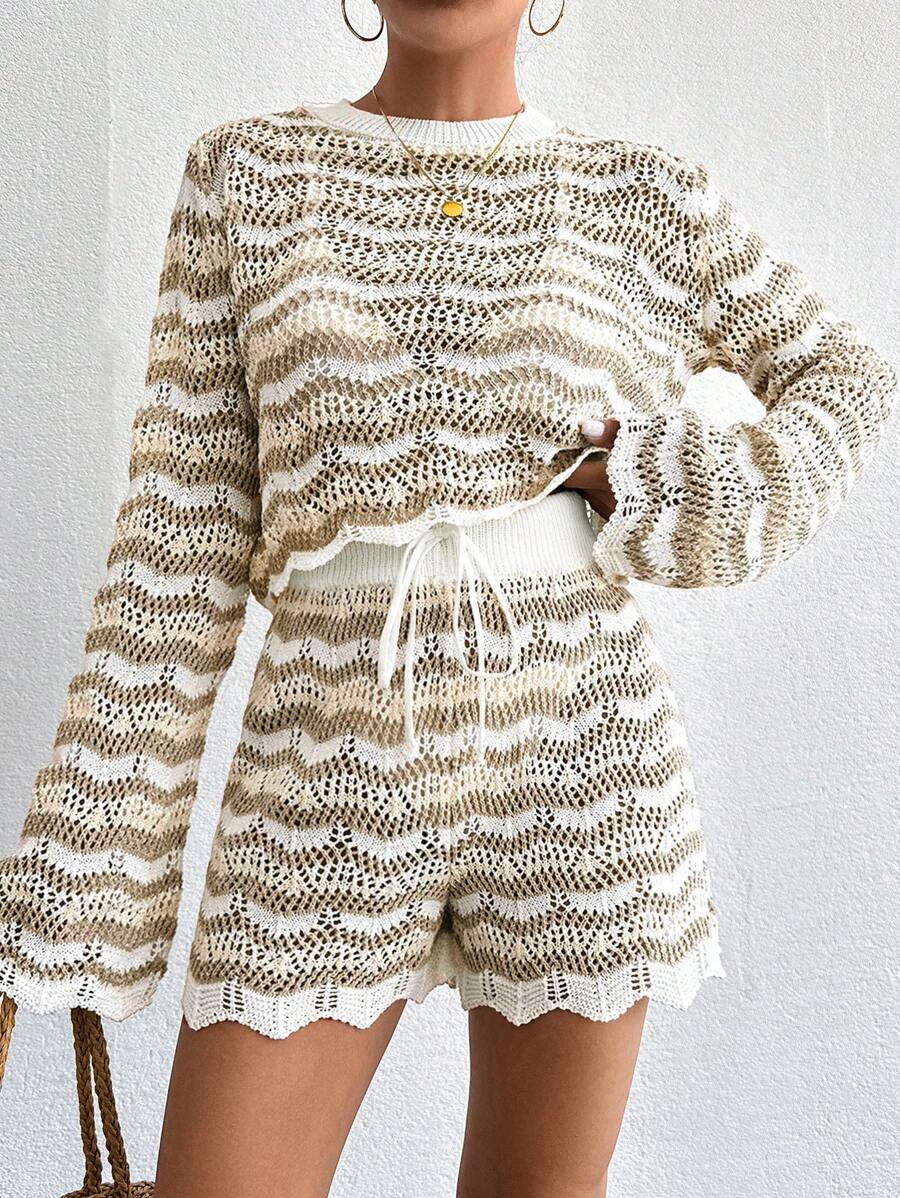 EURMUSE Striped Hollow Out Knit Top & Shorts Cover Up Set, For Summer Beach Vacation - Multicolor - View 1