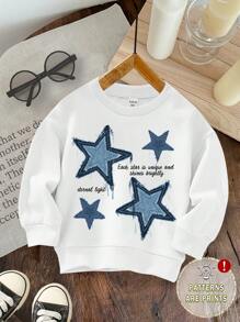 SHEIN Young Boys Casual Simple Pentagram Pattern Loose Crew Neck Comfortable Thickened Long Sleeve Sweatshirt, Suitable For Summer