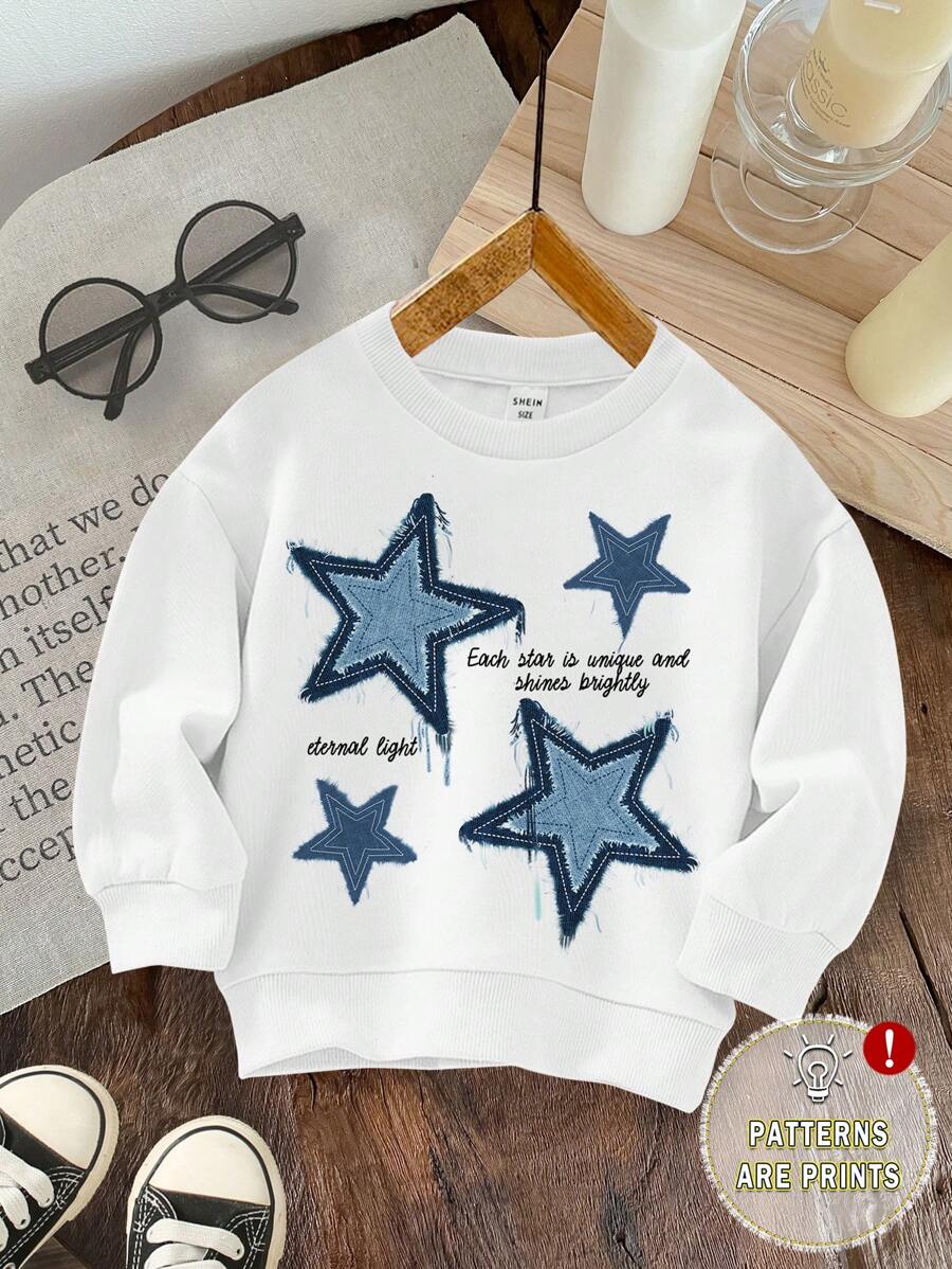 SHEIN Young Boys Casual Simple Pentagram Pattern Loose Crew Neck Comfortable Thickened Long Sleeve Sweatshirt, Suitable For Summer