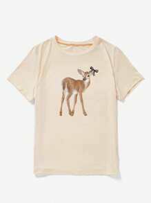 SHEIN Oversized dames T-shirt met ronde hals en lange raglanmouwen en hertenprintontwerp