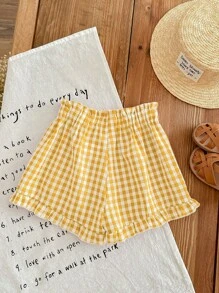SHEIN LMoss Kids LMoss Young Girl 少女宽松休闲格纹编织短裤 - 黃色 - 查看 4