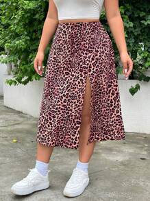 SHEIN EZwear Plus Size Women's Summer/Autumn Campus & Outdoor Free People Style Leopard Print A-Line Gathered Waist Elastic Waist Loose Skirt - Pink - View 4