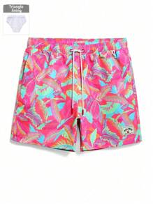 Manfinity KASUA Men's Tropical Plant Print Drawstring Waist Beach Shorts Men Swim Trunks,Hawaiian - Hot Pink - View 3