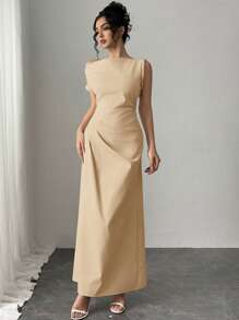 Firerie Vestido largo de talle alto en color albaricoque con un diseño elegante, minimalista y romántico con hombros fruncidos, estilo urbano y moderno, apto para uso diario y para ir al trabajo - Caqui - Ver 3