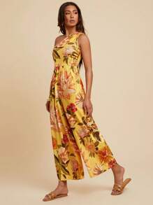 Travachic Floral Print Romper With One Shoulder Design, Suitable For Vacation & Casual Wear - Yellow - View 4