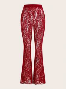 SHEIN Essnce 女式纯色针织蕾丝紧身衣和裤子两件套 - 酒紅色 - 查看 4