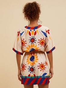 Travachic V-Neck Printed Mini Dress For Women,Summer Outfits For Women,Beachwear,Easter,Beach Outfits For Woman,Spring Break,Vacation Outfits Women,Concert Outfit Women,Rave Outfits Festival,Rave,BOHO,Music Festival,Tropical Vacation Woman Clothes,Baggy,Loose,Oversize