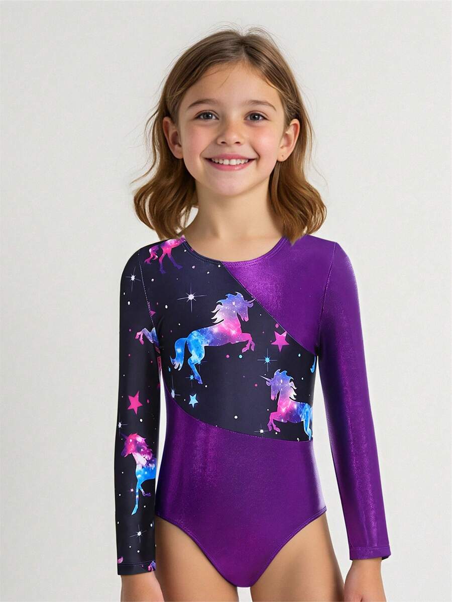 SHEIN Young Girls Clothing Patchwork Long Sleeve Pegasus Unicorn & Starry Sky Pattern Gymnastics Leotard, Sports & Ballet Dance Bodysuit - Purple - View 1