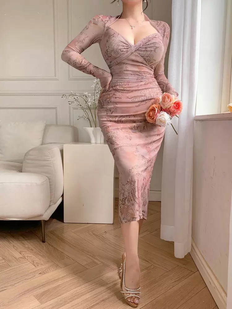 Floral & Botanical Retro Print Maxi Wrap Dress, Long Semi-Sheer A-Line Evening Gown,Fall Dress Long Sleeve Dress Easter