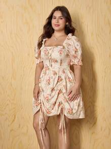 SHEIN MOD Plus Size Retro Palace Print Drawstring Hem Romantic Dress.Fairycore - Multicolor - View 7