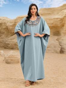 Al Najma 水晶装饰圆领长袖卡夫坦长裙，土耳其和阿拉伯优雅传统风格长裙，端庄 - 霧霾藍 - 查看 5