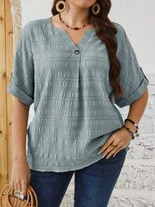 EMERY ROSE 大码纯色 V 领褶皱休闲衬衫 - 灰色 - 查看 4