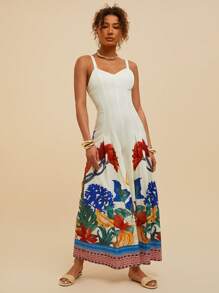 Travachic Tropical Print Camisole Wide Leg Jumpsuit, Vacation Casual