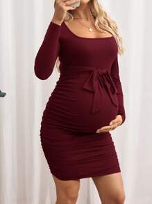 SHEIN Robe moulante de maternité à manches longues, col en V et taille nouée, de couleur unie