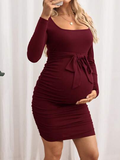 SHEIN Maternity Solid Color V-Neck Long Sleeve Tie Waist Fitted Dress Burgundy