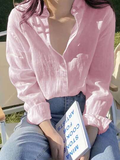 INAWLY Camisa casual de manga larga de un solo pecho de unicolor para oficina para mujer