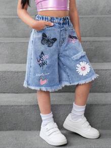 SHEIN Young Girl Y2K Blue Denim Shorts With Butterfly, Flower And Heart Graphic,Kid Girls Spring And Summer Casual Vacation Country Boho Wear - Light Wash - View 5