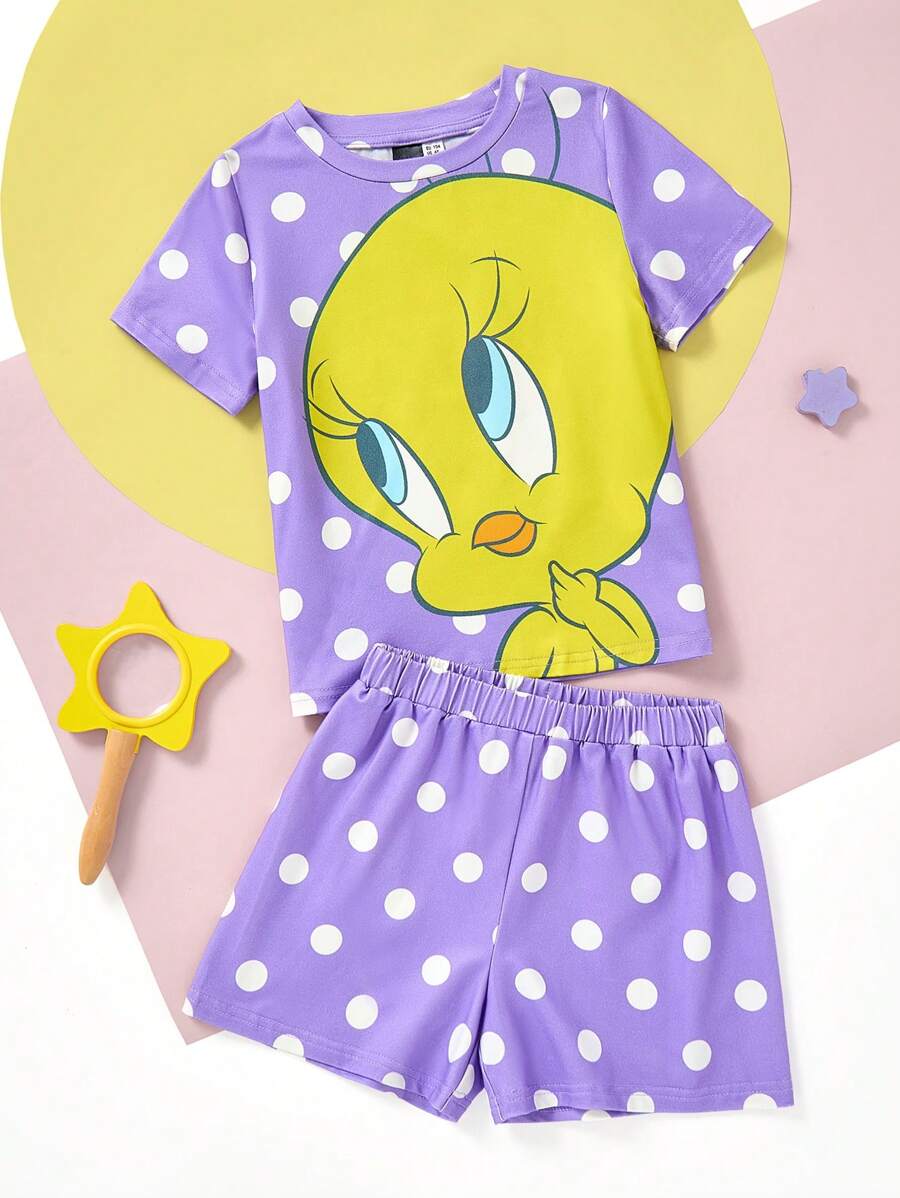 LOONEY TUNES X SHEIN 2pcs/Set Young Girl Cute Cartoon Bird Tweety & Polka Dot Print Short Sleeve T-Shirt And Purple Polka Dot Shorts Pajamas Set, Casual For Spring/Summer