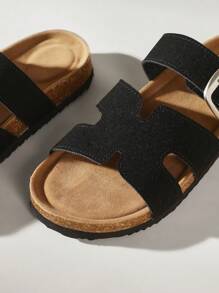 Solecia 女士可调节扣休闲时尚厚底平底凉鞋 - 黑色 - 查看 5