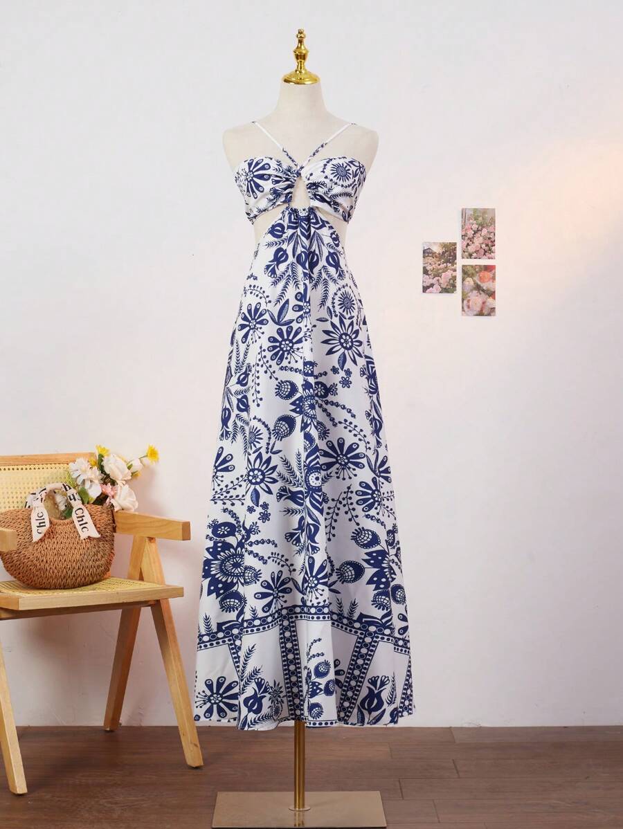 Breezaya Women Tropical Floral & Palm Tree Print Cutout Back Slip Dress - Blue and White - View 1