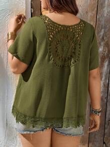 SHEIN LUNE Áo cánh rộng rãi màu trơn cổ tròn viền hoa cho nữ cỡ lớn, mùa hè - xanh quân đội - Xem 2