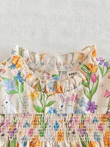 SHEIN Vestido de manga corta con estampado de conejo de Pascua elegante para niñas bebé, primavera/verano - Amarillo - Ver 5