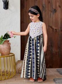 SHEIN Vestido casual ajustado de niña joven con cuello redondo sin mangas y bloques de color tejidos