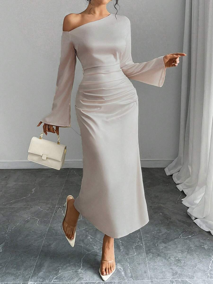 Rafferiza Vestido de mujer de unicolor con pliegues asimétricos en la cintura, de tela de tafetán, vestido largo para mujer