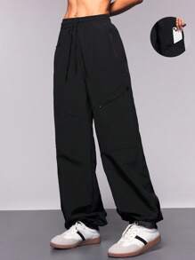 SHEIN Sports Women's Casual Solid Color Drawstring Waist Hiking Pants - Black - View 1