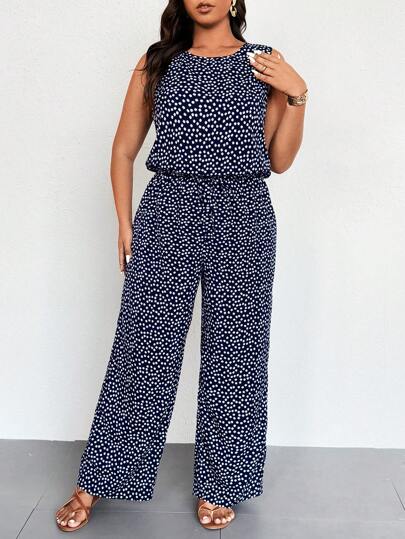 EMERY ROSE Spring Summer Holiday Round Neck Sleeveless Elasticated Waist Ditsy Floral Jumpsuit