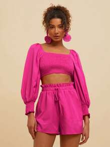 Travachic 1 Set Women Solid Woven Square Neck Long Sleeve Cropped Top & High Waist Loose Shorts,Summer Outfits For Women,Beachwear,Easter,Beach Outfits For Woman,Spring Break,Vacation Outfits Women,Concert Outfit Women,Rave Outfits Festival,Rave,BOHO,Music Festival,Tropical Vacation Woman Clothes(With Pocket) - Hot Pink - View 5
