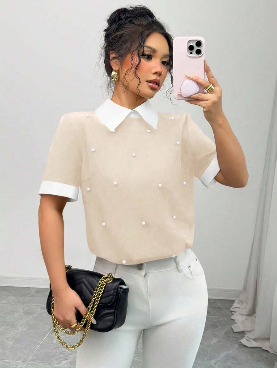 Elenzga 女式撞色珍珠铆钉彼得潘领短袖衬衫，春夏